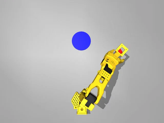 Yellow simulated robot arm beside a blue target in a dataset demonstration frame